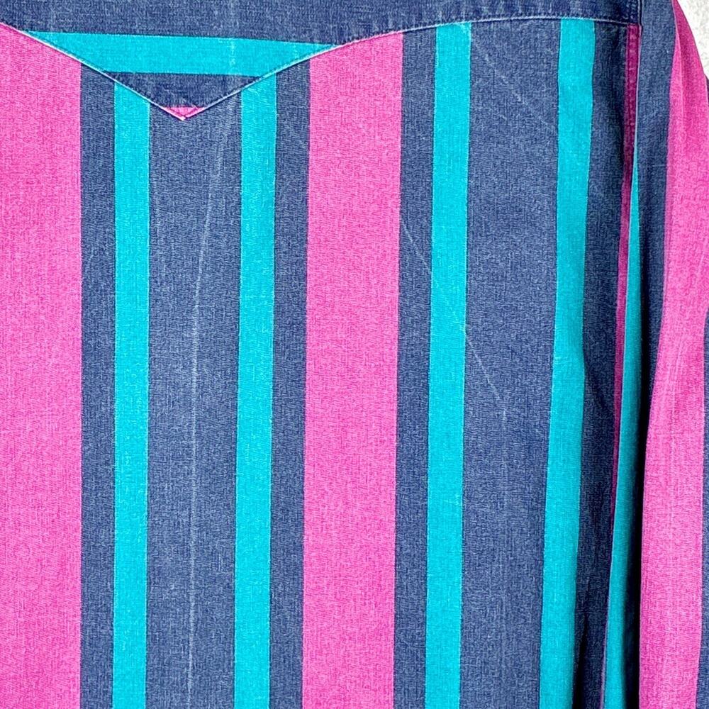 VTG Wrangler Brushpopper Shirt Men XL 17-35 Blue Pink Green Striped Cowboy USA - Picture 13 of 13